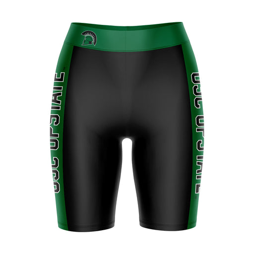 USC Upstate Spartans Vive La Fete Game Day Logo on Waistband and Green Stripes Black Women Bike Short 9 Inseam