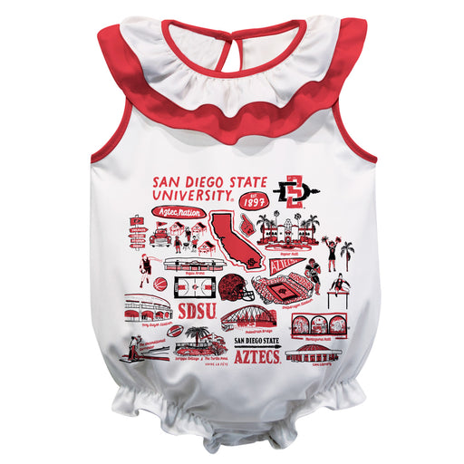 San Diego State University Aztecs SDSU  White Hand Sketched Vive La Fete Impressions Artwork Sleeveless Ruffle Onesie Bo