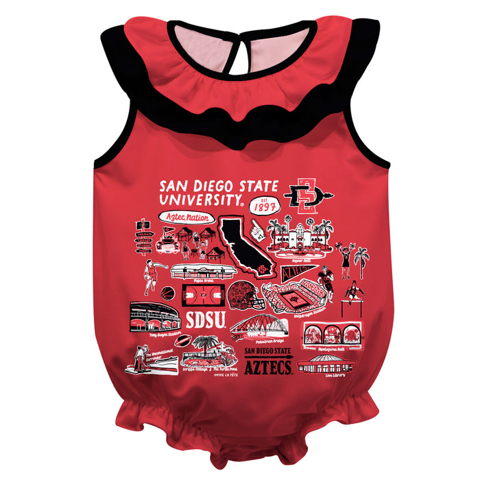 San Diego State University Aztecs SDSU  Red Hand Sketched Vive La Fete Impressions Artwork Sleeveless Ruffle Onesie Body