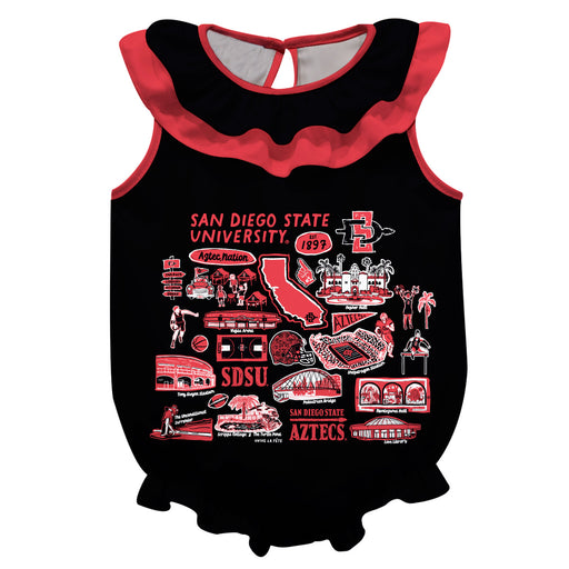San Diego State University Aztecs SDSU  Black Hand Sketched Vive La Fete Impressions Artwork Sleeveless Ruffle Onesie Bo