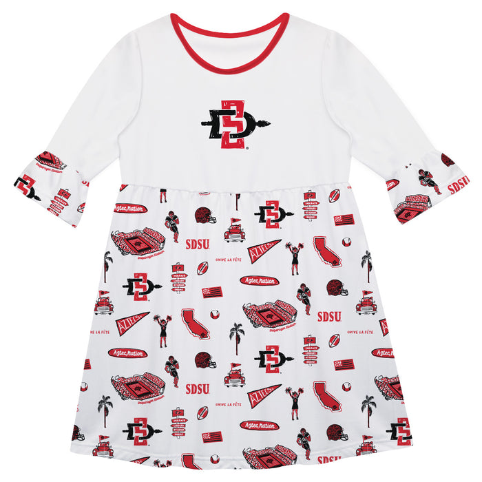 San Diego State University Aztecs SDSU 3/4 Sleeve Solid White Repeat Print Hand Sketched Vive La Fete Impressions Artwor