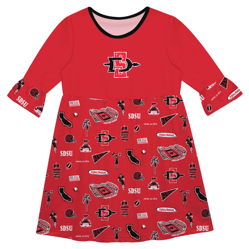 San Diego State Aztecs SDSU 3/4 Sleeve Solid Red Repeat Print Hand Sketched Vive La Fete Impressions Artwork on Skirt