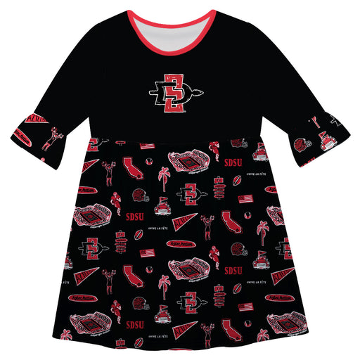 San Diego State Aztecs SDSU 3/4 Sleeve Solid Black Repeat Print Hand Sketched Vive La Fete Impressions Artwork on Skirt