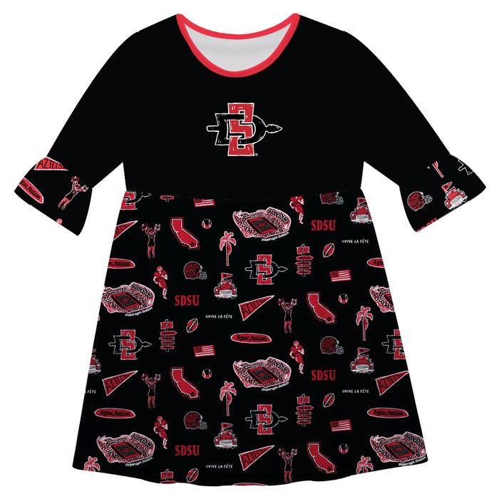 San Diego State Aztecs SDSU 3/4 Sleeve Solid Black Repeat Print Hand Sketched Vive La Fete Impressions Artwork on Skirt