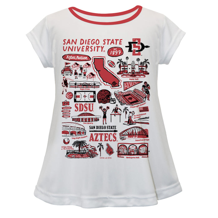 San Diego State University Aztecs SDSU Hand Sketched Vive La Fete Impressions Artwork White Short Sleeve Top