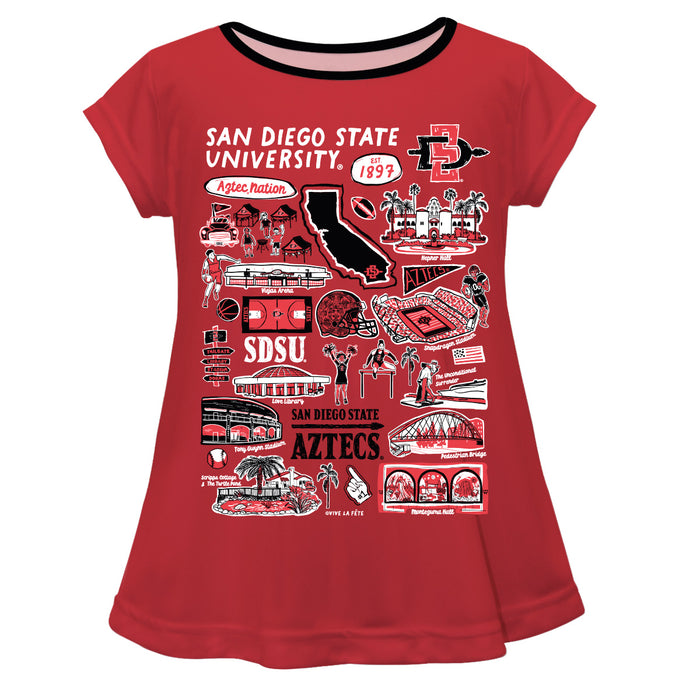 San Diego State University Aztecs SDSU Hand Sketched Vive La Fete Impressions Artwork Red Short Sleeve Top