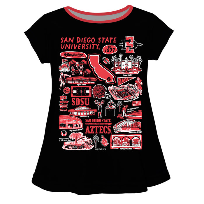 San Diego State University Aztecs SDSU Hand Sketched Vive La Fete Impressions Artwork Black Short Sleeve Top
