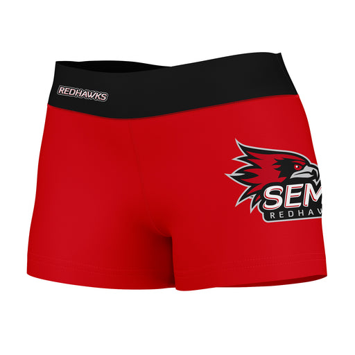Southeast Missouri Redhawks Vive La Fete Logo on Thigh & Waistband Red Black Women Yoga Booty Workout Shorts 3.75 Inseam
