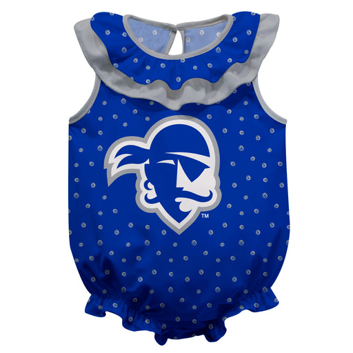 Seton Hall Pirates Swirls Blue Sleeveless Ruffle Onesie Logo Bodysuit