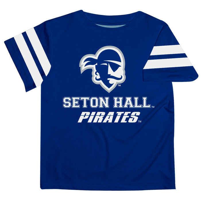Seton Hall University Pirates Vive La Fete Boys Game Day Blue Short Sleeve Tee with Stripes on Sleeves - Vive La Fête - Online Apparel Store