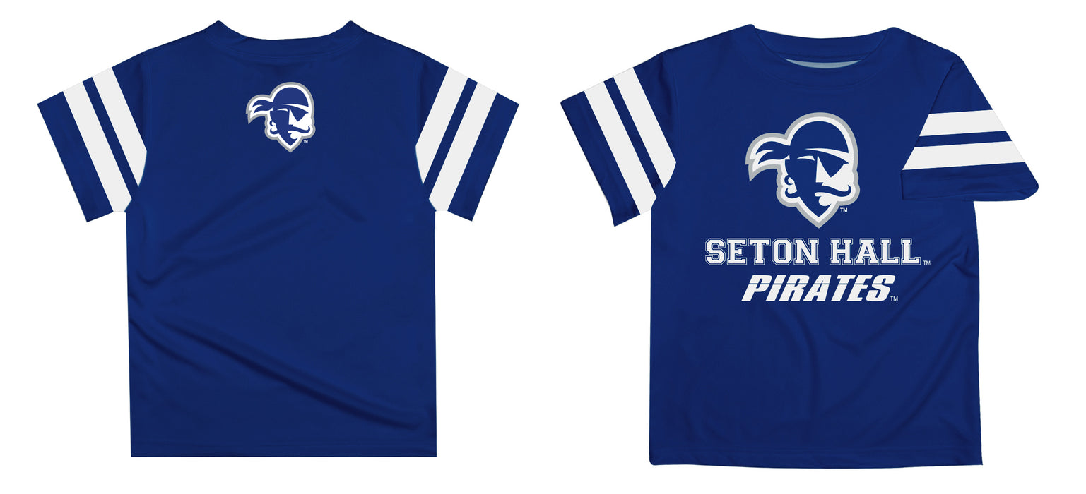 Seton Hall University Pirates Vive La Fete Boys Game Day Blue Short Sleeve Tee with Stripes on Sleeves - Vive La Fête - Online Apparel Store