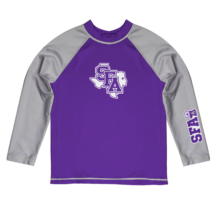 Stephen F. Austin Lumberjacks SFA Vive La Fete Logo Purple Gray Long Sleeve Raglan Rashguard