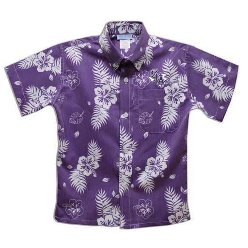 Stephen F. Austin University SFA Lumberjacks Purple Hawaiian Short Sleeve Button Down Shirt