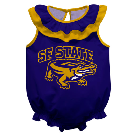 San Francisco State Gators SFSU Purple Sleeveless Ruffle Onesie Logo Bodysuit by Vive La Fete