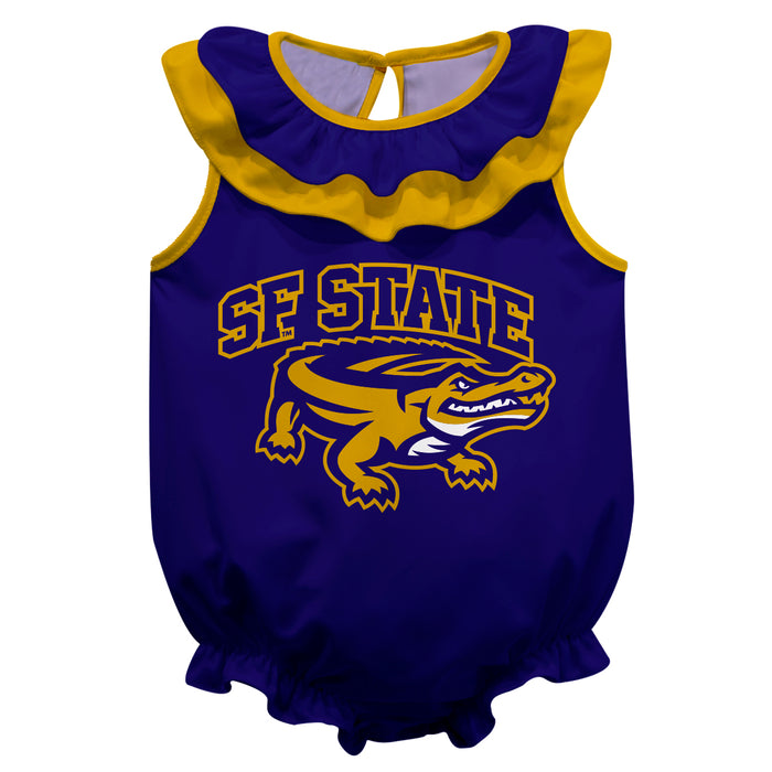 San Francisco State Gators SFSU Purple Sleeveless Ruffle Onesie Logo Bodysuit by Vive La Fete