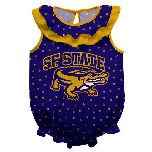 SFSU Gators Swirls Purple Sleeveless Ruffle Onesie Logo Bodysuit