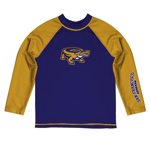 San Francisco State Gators SFSU Vive La Fete Logo Purple Gold Long Sleeve Raglan Rashguard