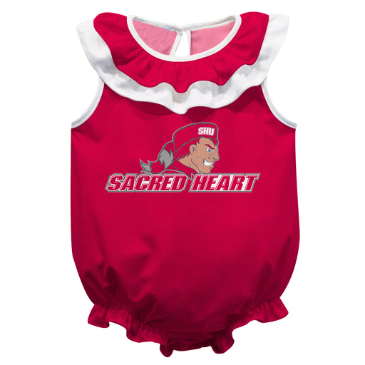 SHU Sacred Heart University Pioneers Red Sleeveless Ruffle Onesie Logo Bodysuit by Vive La Fete