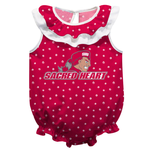SHU Sacred Heart University Pioneers Swirls Red Sleeveless Ruffle Onesie Logo Bodysuit