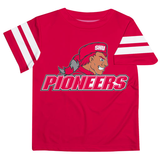 Sacred Heart University Pioneers SHU Vive La Fete Boys Game Day Red Short Sleeve Tee with Stripes on Sleeves