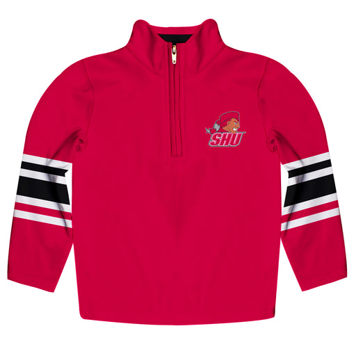 SHU Sacred Heart University Pioneers Vive La Fete Game Day Red Quarter Zip Pullover Stripes on Sleeves