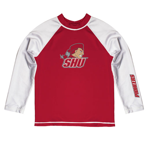 SHU Sacred Heart Pioneers Vive La Fete Logo Red White Long Sleeve Raglan Rashguard