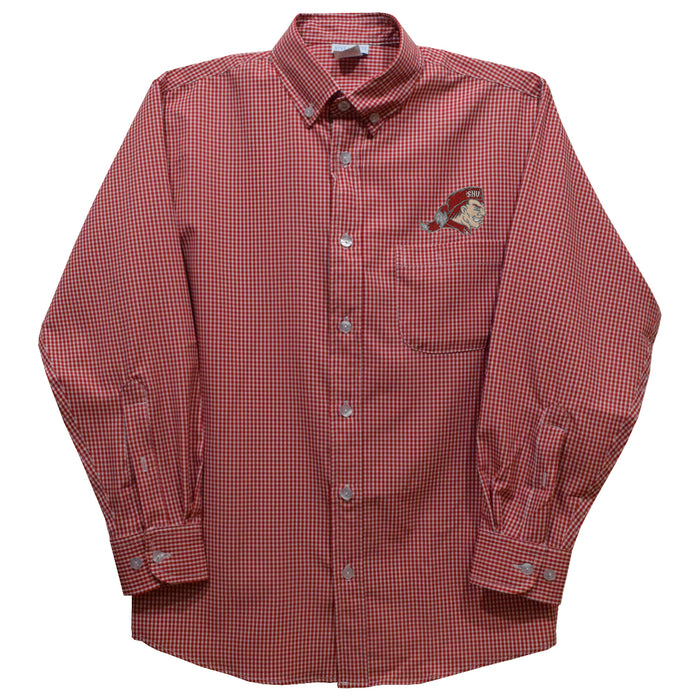SHU Sacred Heart Pioneers Embroidered Red Gingham Long Sleeve Button Down Shirt