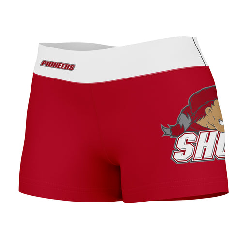 SHU Sacred Heart Pioneers Vive La Fete Logo on Thigh & Waistband Red White Women Yoga Booty Workout Shorts 3.75 Inseam