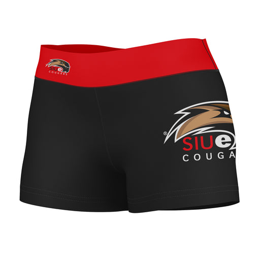 SIUE Cougars Vive La Fete Game Day Logo on Thigh and Waistband Black & Red Women Yoga Booty Workout Shorts 3.75 Inseam"