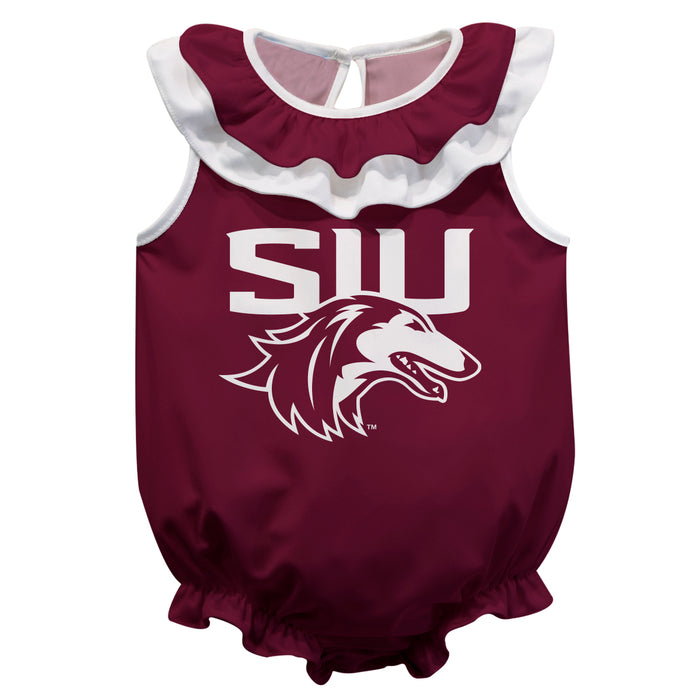 Southern Illinois Salukis SIU Maroon Sleeveless Ruffle Onesie Logo Bodysuit by Vive La Fete