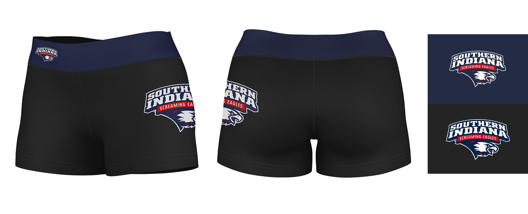Southern Indiana Screaming Eagles Logo on Thigh & Waistband Black & Blue Women Yoga Booty Workout Shorts 3.75 Inseam" - Vive La Fête - Online Apparel Store