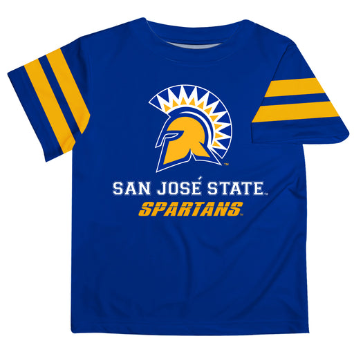 San Jose State University Spartans Vive La Fete Boys Game Day Blue Short Sleeve Tee with Stripes on Sleeves - Vive La Fête - Online Apparel Store
