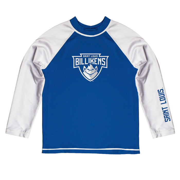 Saint Louis Billikens SLU Vive La Fete Logo Blue White Long Sleeve Raglan Rashguard
