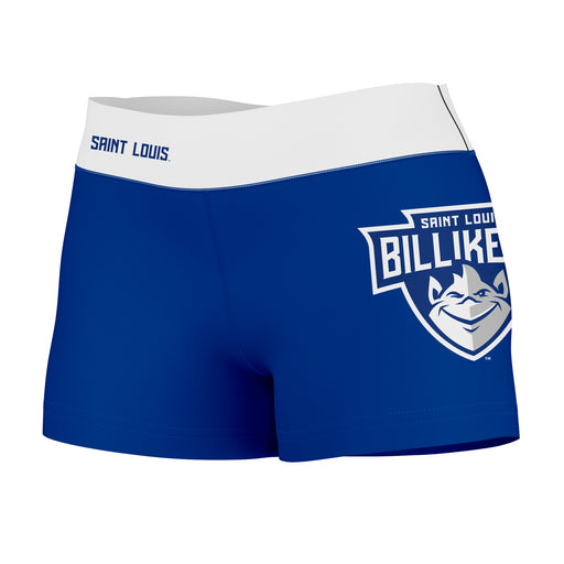Saint Louis Billikens Vive La Fete Logo on Thigh & Waistband Blue White Women Yoga Booty Workout Shorts 3.75 Inseam