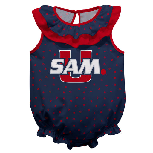 Samford University Bulldogs Swirls Navy Sleeveless Ruffle Onesie Logo Bodysuit