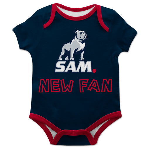Samford Bulldogs Vive La Fete Infant Navy Short Sleeve Onesie New Fan Logo and Mascot Bodysuit
