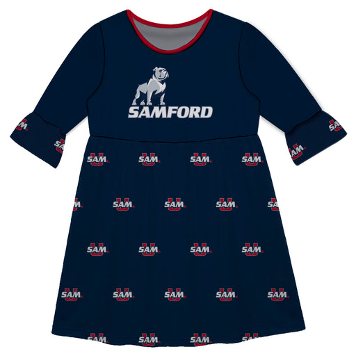 Samford Bulldogs Vive La Fete Girls Game Day 3/4 Sleeve Solid Navy All Over Logo on Skirt