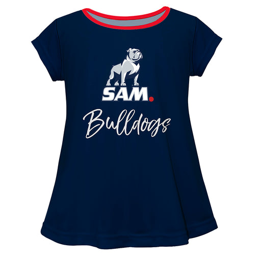 Samford Bulldogs Vive La Fete Girls Game Day Short Sleeve Navy Top with School Logo and Name