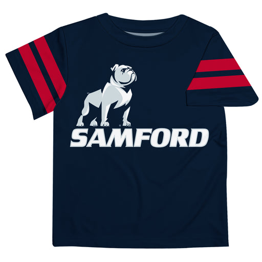 Samford Bulldogs Vive La Fete Boys Game Day Navy Short Sleeve Tee with Stripes on Sleeves