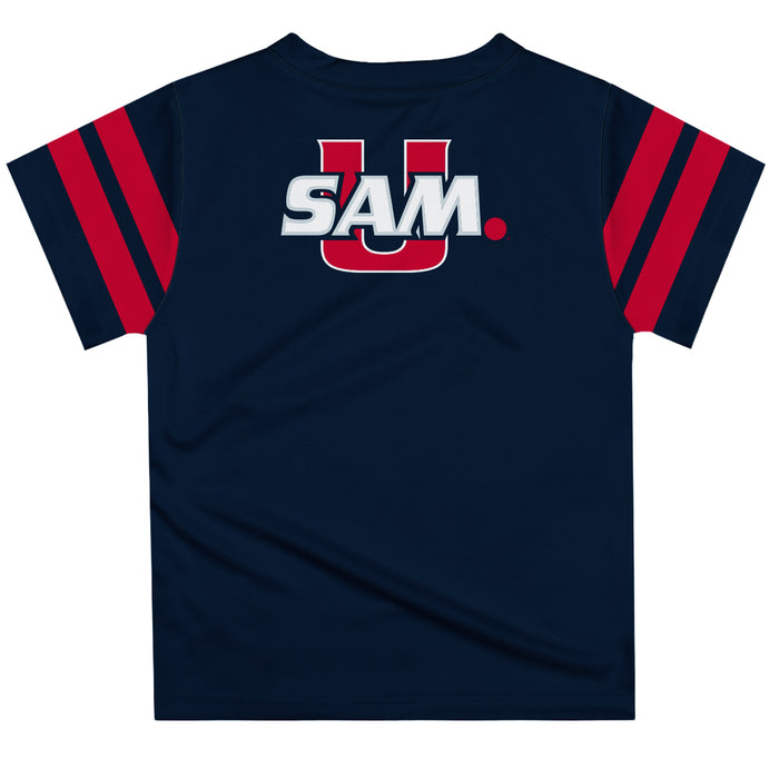Samford Bulldogs Vive La Fete Boys Game Day Navy Short Sleeve Tee with Stripes on Sleeves - Vive La Fête - Online Apparel Store
