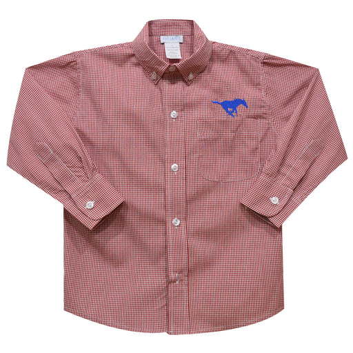 SMU Embroidered Red Gingham Long Sleeve Button Down Shirt - Vive La Fête - Online Apparel Store
