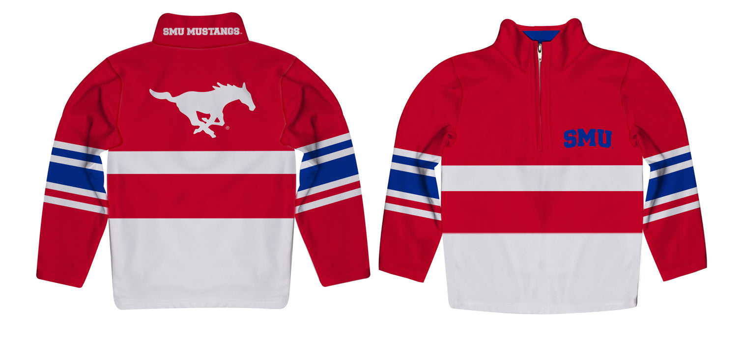 SMU Mustangs Logo Stripes Red Long Sleeve Quarter Zip Sweatshirt - Vive La Fête - Online Apparel Store