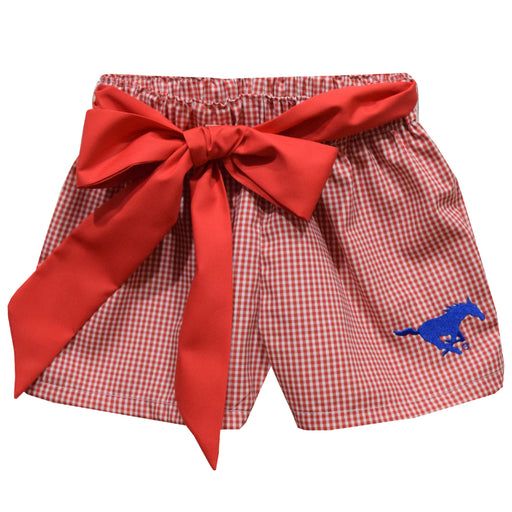 SMU Mustangs Embroidered Red Gingham Girls Short With Sash