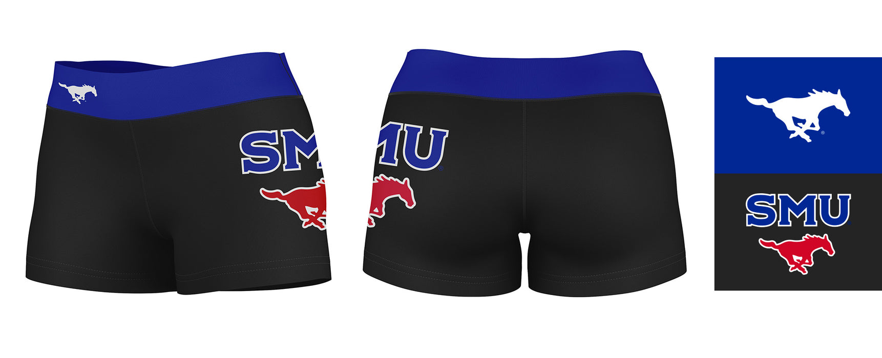 SMU Mustangs Vive La Fete Game Day Logo on Thigh and Waistband Black & Blue Women Yoga Booty Workout Shorts 3.75 Inseam" - Vive La Fête - Online Apparel Store