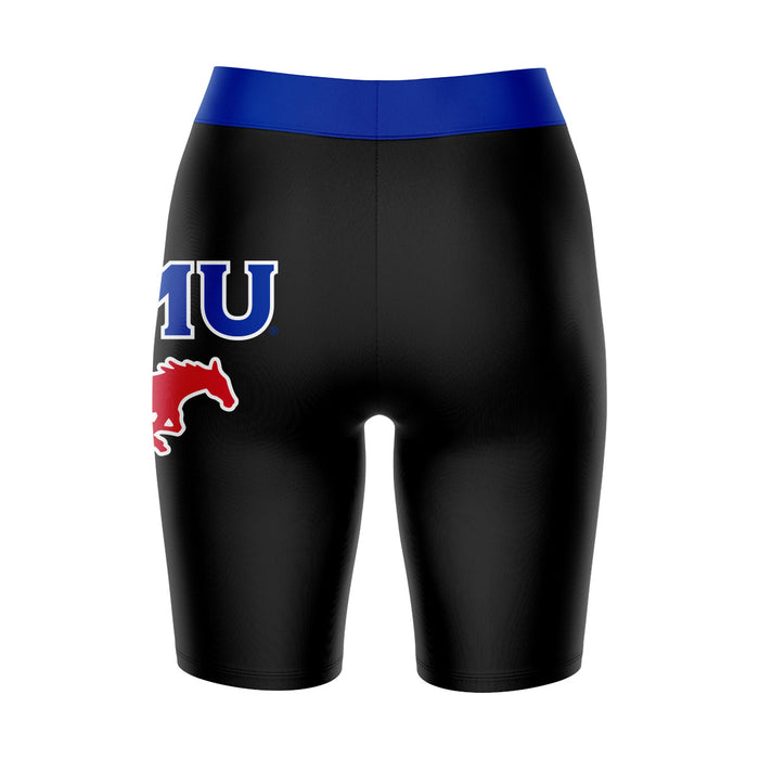 SMU Mustangs Vive La Fete Game Day Logo on Thigh and Waistband Black and Blue Women Bike Short 9 Inseam" - Vive La Fête - Online Apparel Store