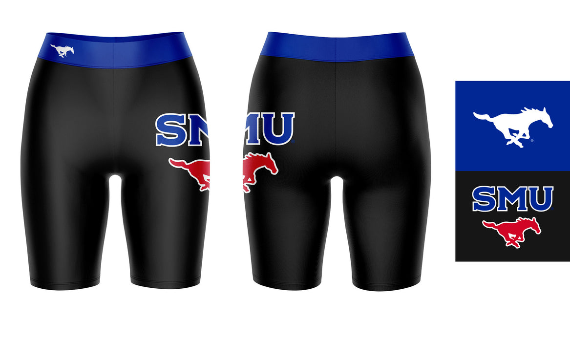 SMU Mustangs Vive La Fete Game Day Logo on Thigh and Waistband Black and Blue Women Bike Short 9 Inseam" - Vive La Fête - Online Apparel Store