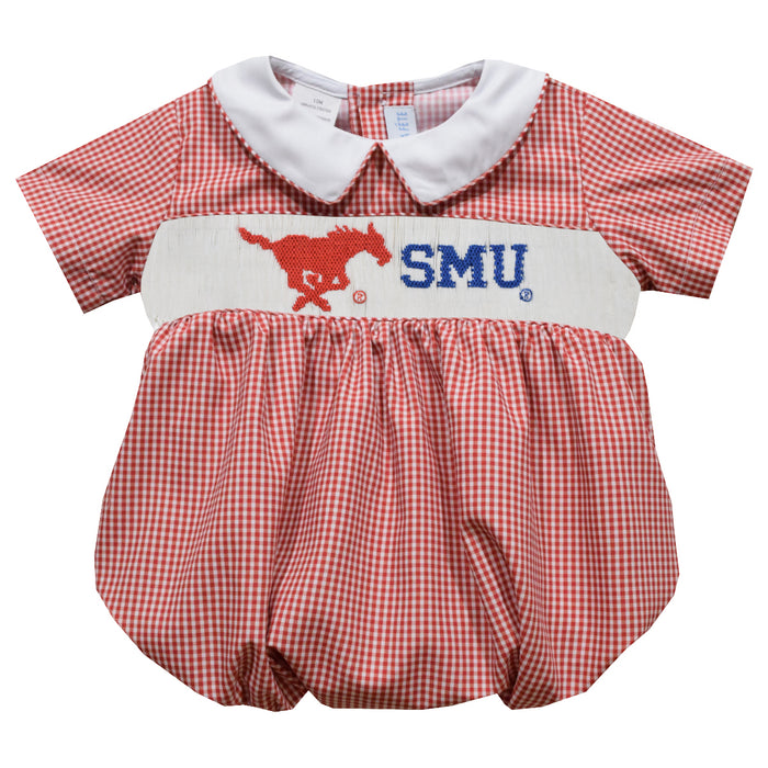 SMU Mustangs Smocked  Red Gingham Short Sleeve Boys Bubble