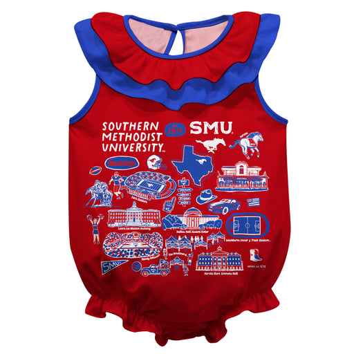 SMU Mustangs  Red Hand Sketched Vive La Fete Impressions Artwork Sleeveless Ruffle Onesie Bodysuit