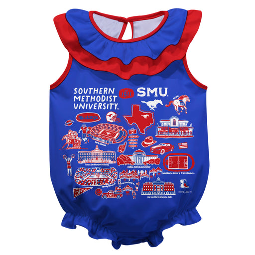 SMU Mustangs  Blue Hand Sketched Vive La Fete Impressions Artwork Sleeveless Ruffle Onesie Bodysuit