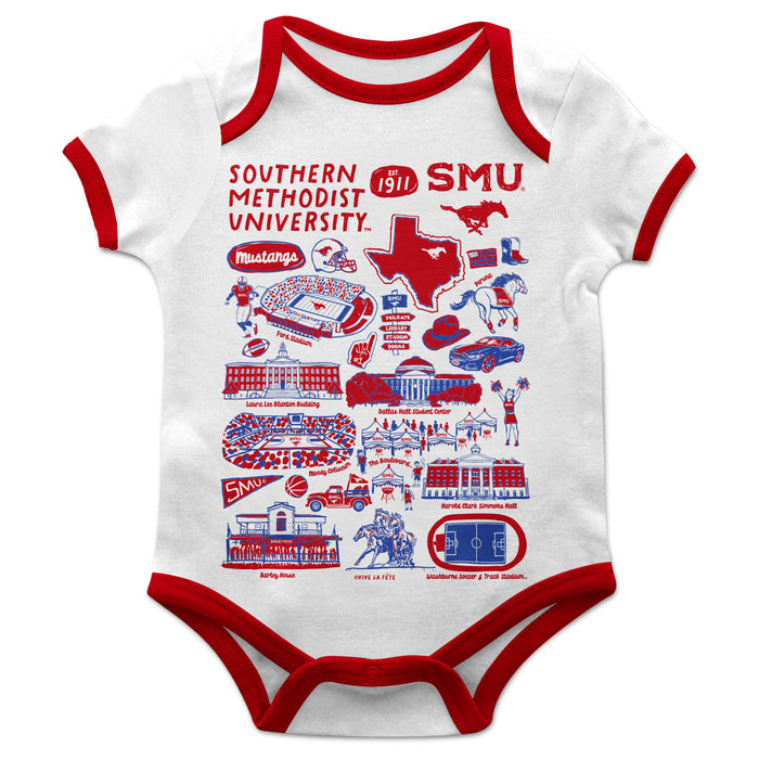 SMU Mustangs Hand Sketched Vive La Fete Impressions Artwork Infant White Short Sleeve Onesie Bodysuit